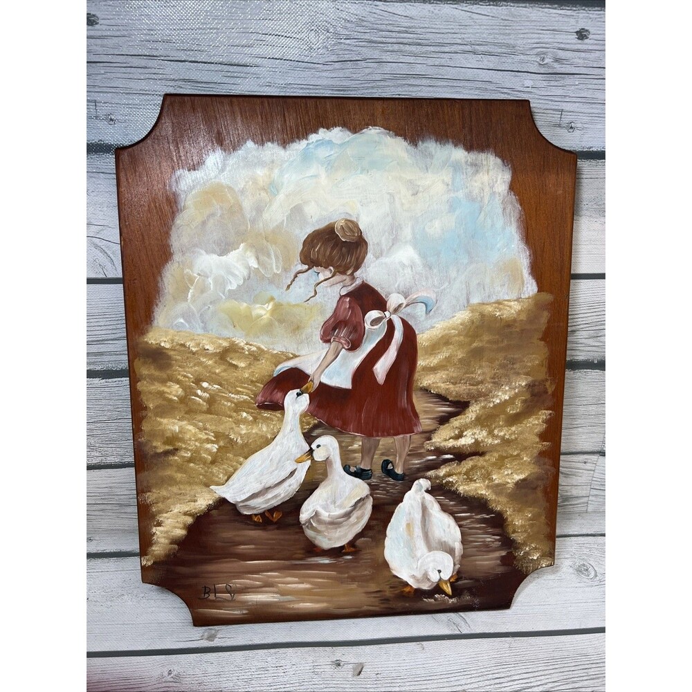 Vintage Primitive Folk Art Painting - Signed Girl Goose On Wood Board Wall Decor